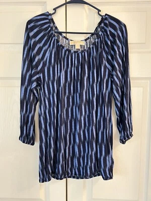NUEVO SIN ETIQUETAS Michael Kors Mujer’s Azul/Negro Rayas Manga Larga Túnica Blusa Camisa Talla S Foto 1 de 4