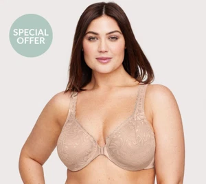 Reggiseno Glamorise 9245 chiusura frontale elasticizzato pizzo WonderWire nudo 46F nuovo senza etichette - Foto 1 di 3