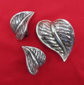 Rame Brosche Ohrringe Vintage Anstecknadel Set Strukturiert Blattsilber Modernist 448c - Bild 1 von 9