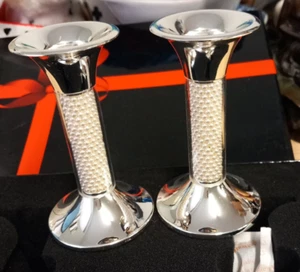 Shiny metal candlesticks with pearly columns CHARITY SALE - Picture 1 of 5