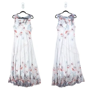 Komarov Women L Ruffle Dress Watercolor Border Ivory White Floral Maxi Charmeuse - Picture 1 of 10