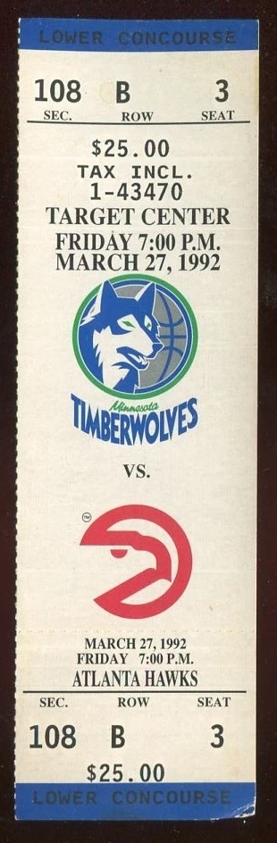 Ticket Basketball Minnesota Timberwolves 1991 - 92 3/27 Atlanta Hawks - Image 1 of 1