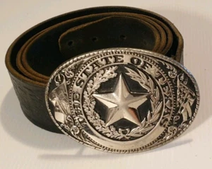 STATE OF TEXAS Silver Tone Belt Buckle MADE IN USA with Motorcycle Leather Belt. - Picture 1 of 11