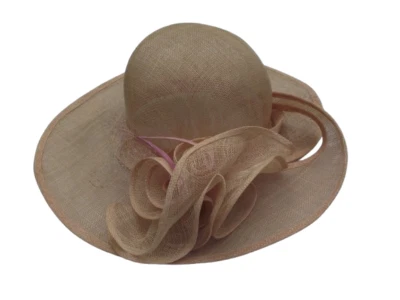 chapeau de cérémonie de dame en lin beige rosé à fleurs et voilette - Photo 1/4