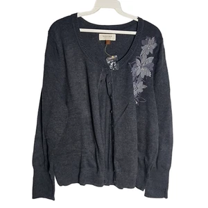 Sonoma Cardigan Sweater Womens XL Floral Applique Button Up Gray New - Picture 1 of 7