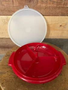 Tupperware #608 ( 3 Piece) Red Round Divided tray w/Lid & Handle- T14 - Picture 1 of 5