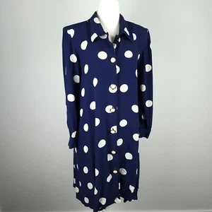 VTG 90s Liz Claiborne Shirt Dress Navy Large Polka Dot Button Front Size 10 - Picture 1 of 23