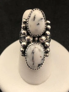 2 stone White Buffalo & Sterling Silver Ring TJM Avin Joe Navajo sz 6 R0184 - Picture 1 of 8