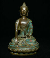 10" Wood Painting Carving Shakyamuni Amitabha Buddha Hold Pot Statue