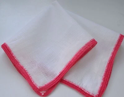 VINTAGE HANKY 1950s WHITE WITH PINK HAND CROCHET EDGING SOFT & PERFECT PUNCHWORK - Image 1 of 3