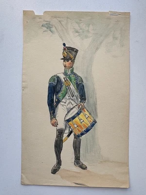 Antique 19th C French Gouache Painting Paper Napoleonic Military Uniform 5 x 9 - Image 1 of 4