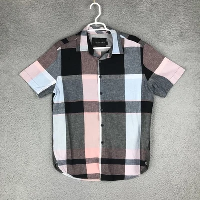 Camisa Sean John Para Hombres Mediana A Cuadros Manga Corta Mezcla de Lino Informal Verano Ligera Foto 1 de 4