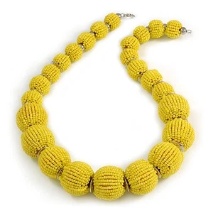 Chunky Lemon Yellow Glass Bead Ball Necklace with Silver Tone Clasp - 60cm L - Picture 1 of 6