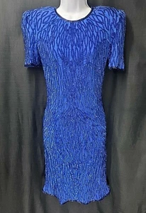 VTG 80'S Laurence Kazar Royal Blue Sequin & Beaded Dress Women's SMALL w/FLAWS - Picture 1 of 24