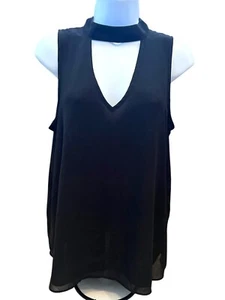 Black Halter Neck Chiffon Blouse Size Medium Button Back Sleeveless 2 Layer - Picture 1 of 6