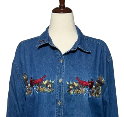 Top Bobbie Brooks XL Azul Denim Cambray Bordado Cardinal Birds De Colección Foto 1 de 4