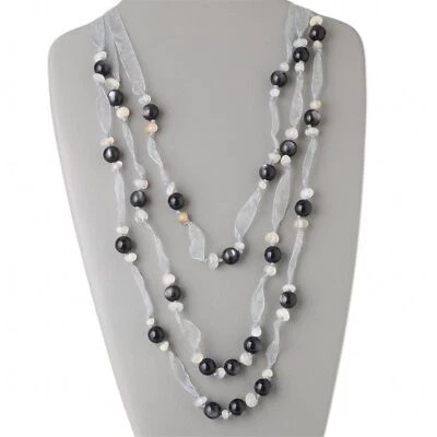 Collar de 3 hilos de cinta de organza con cuentas negras de piedras preciosas de ágata blanca artesanal Foto 1 de 3