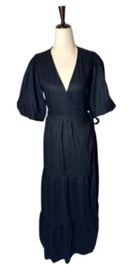 Faithfull The Brand Dress Women 2 Black Linen Edee Wrap Maxi Lagenlook Gothic - Picture 1 of 10