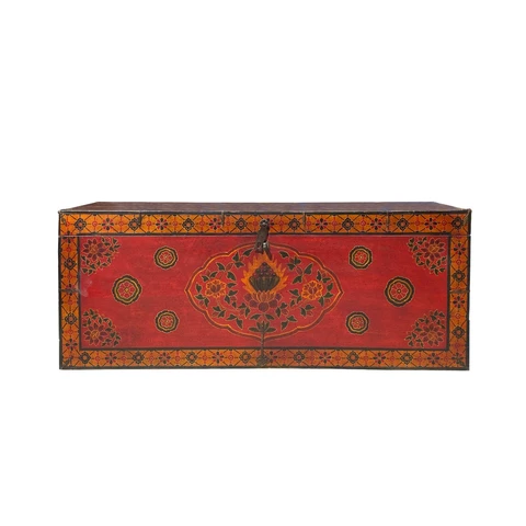 Chinese Tibetan Orange Red Yellow Flowers Graphic Wood Trunk Table cs7343 Cover