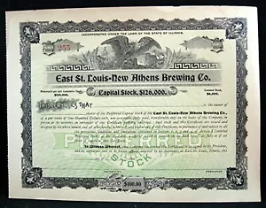 East St Louis-New Athens Brewing Co certificato stock capitale preferito non emesso - Foto 1 di 2