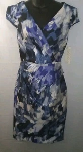 Lela Rose Women’s Blue Abstract Brushstrokes Dress V-neck Size 6 NWT - Picture 1 of 7