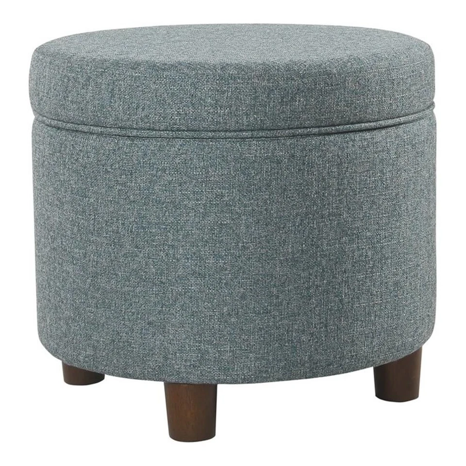 HomePop Round Transitional Wood and Fabric Storage Ottoman in Teal Blue Tweed - Image 1 of 4