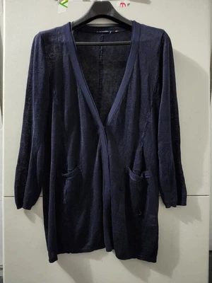 Elie Tahari Sweater Womens L Blue Cardigan Button Up Long Body 100% Linen Pocket - Image 1 of 4