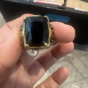 SCHWARZER ONYX DRACHENKRALLE AXT GELBGOLD MESSING RING GOTHIC BIG BIKER SCHWER GRÖSSE 8 - Bild 1 von 5