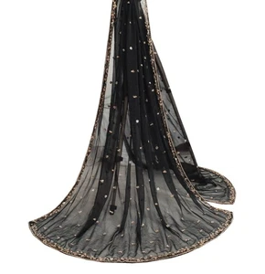 Sushila Vintage Negro Zardozi Trabajo Dupatta Gasa Seda Floral Estola Larga Hiyab - Imagen 1 de 9