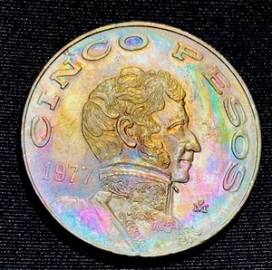 1977 - Mexico $5 PESOS Coin — Toning - Picture 1 of 4