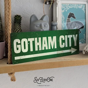 GOTHAM CITY Metal Sign Bedroom Man Cave Pub Bar arrow Wall Plaque Garage Tin Bat - Picture 1 of 6