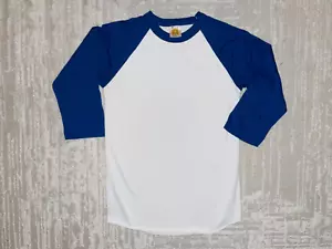 Vintage BOMARK Blanko 3/4 Arm blau weiß Raglan Shirt USED Jugend M oder Erwachsene XS - Bild 1 von 16