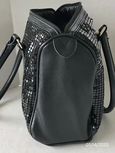 Lancome Black Chainmail Metallic Mesh Faux Leather Purse Handbag Zipper Tote - Picture 1 of 12