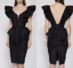 Vintage 80’s Climax Karen Okada Ruffled Peplum Bodice, knee Length Dress. Sz 5/6 - Picture 1 of 12