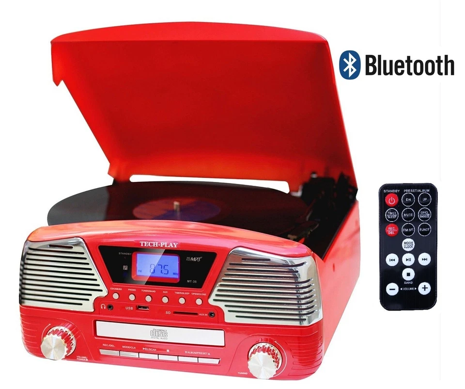 TechPlay ODC35BT RED Retro Stereo Record Player Bluetooth CD MP3 AM/FM Radio NEW - Image 1 of 1