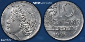 Error Mundial Brasil 1975 10 Centavos ATASCADOS EN 5 Centavos Planchet ANACS AU-55 - Imagen 1 de 3