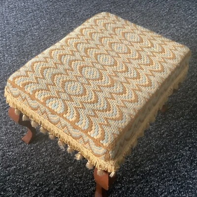 Vintage English hand embroidered foot stool, wool and wood, VGC - Image 1 of 4