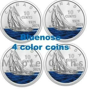 2021 Bluenose Schooner 100th - 4 x COLOUR COINS - Canada Special 10 cents Dime - Picture 1 of 1