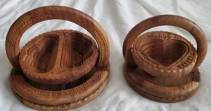 2 Artisan Made Folding Collapsible Handle Wooden Heart Shaped Bowl Basket Wood - Picture 1 of 19
