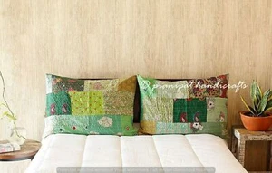 Vintage Green Silk Kantha Patchwork Decorative Throw Sofa Waist Pillow Cover - Picture 1 of 4
