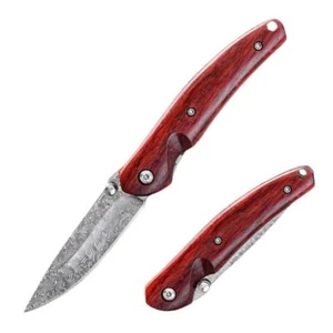 Damascus Blade Pocket Folding Blade Knife Sandal Wood Handle Outdoor Hunting EDC - Picture 1 of 8
