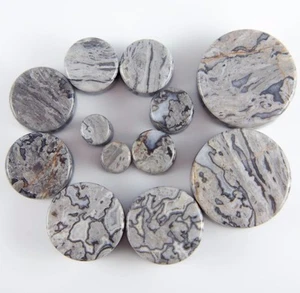 Pair of Wave Jasper Stone Plugs Organic Tunnels Gauges - 6mm - 25mm -10 sizes - Picture 1 of 6