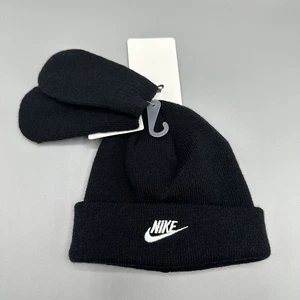 Nike Beanie Hat and Mittens 2 Piece Toddler Baby Set Size 12/24M Black - Picture 1 of 7