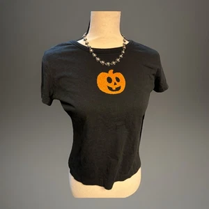 Vintage Y2K Kürbis Baby T-Shirt bauchfreies Oberteil Perlen Glitzer Halloween süß Shirt - Bild 1 von 4