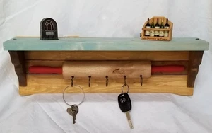 Wood Rolling Pin Wall Decor SHELF Rack Rustic Key Holder Hooks Great for Kitchen - Picture 1 of 7