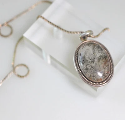 Collar Colgante Cuarzo Rutilado Plata de Ley, 18" Cabujón Firmado BLJ Foto 1 de 4