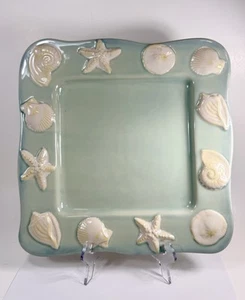 Home Studio Shoreline Collection Aqua Dinner Plate Square Hand Painted 11" - Picture 1 of 18