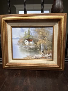 Vintage Acrylic Mountain House on the River Painting Picture Signed 13" x 15" - Picture 1 of 3