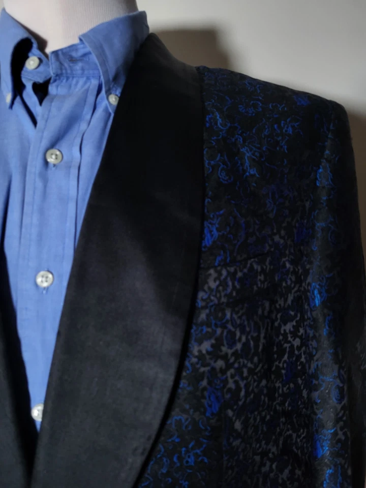 Chaqueta Blazer Esmoquin Vintage 40S Negro Azul Floral Tapiz Jacquard Chal Solapa Foto 1 de 4