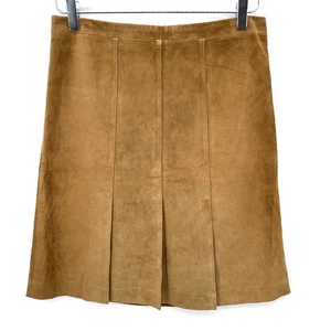 Ann Taylor LOFT Suede Leather Front Pleats Skirt Size 4 Knee Length Tan Career - Picture 1 of 10